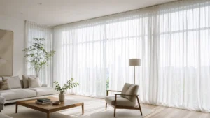 Cortina voil sob medida instalada em sala de estar moderna, proporcionando iluminação natural, leveza e elegância na decoração.