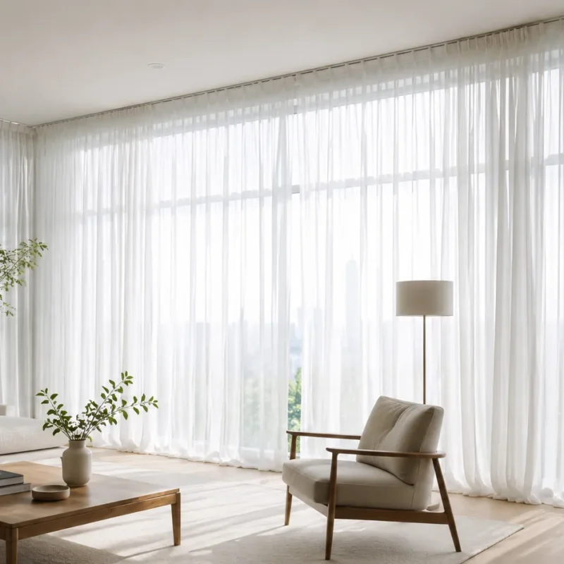 Cortina voil sob medida instalada em sala de estar moderna, proporcionando iluminação natural, leveza e elegância na decoração.