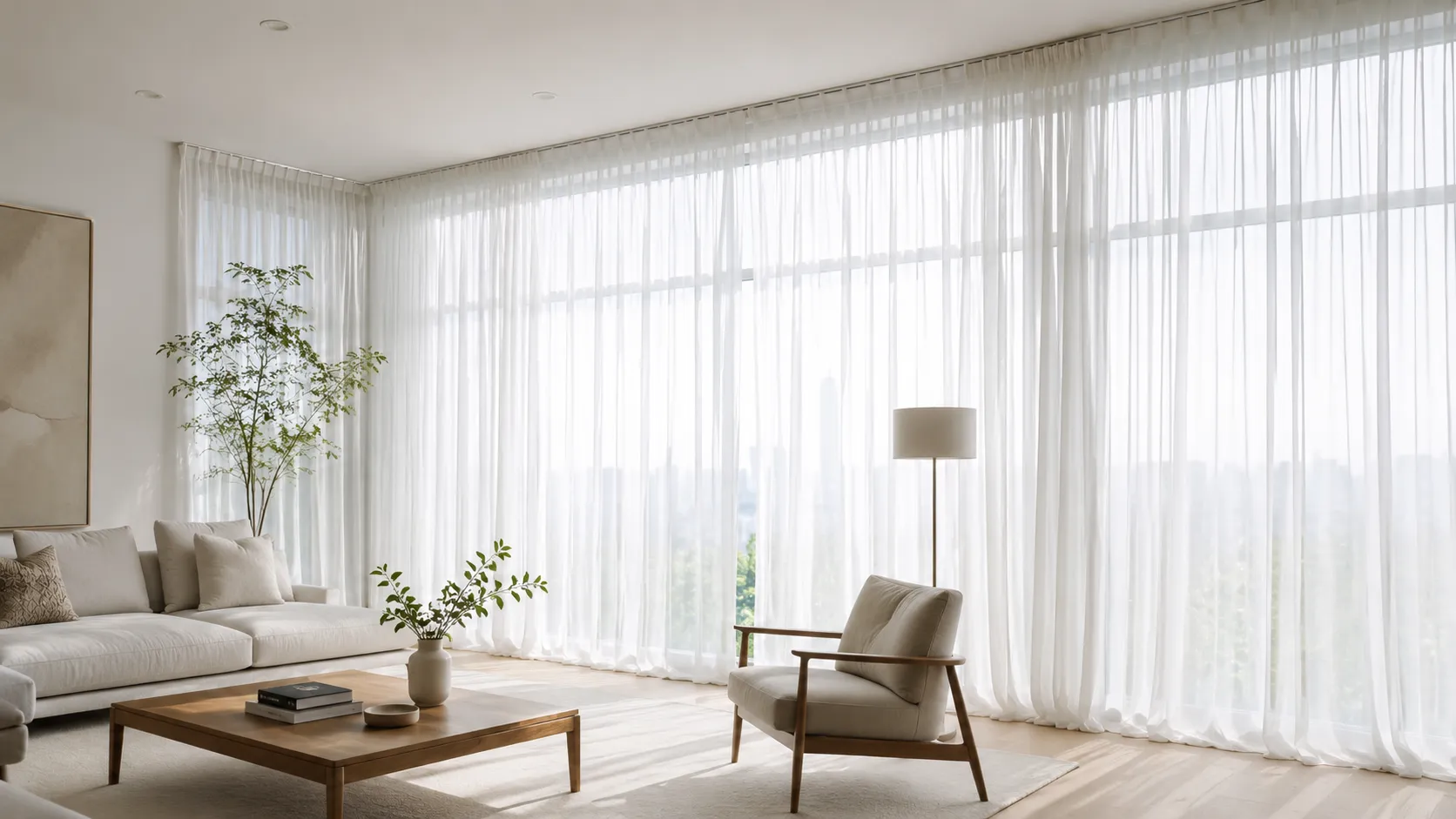 Cortina voil sob medida instalada em sala de estar moderna, proporcionando iluminação natural, leveza e elegância na decoração.