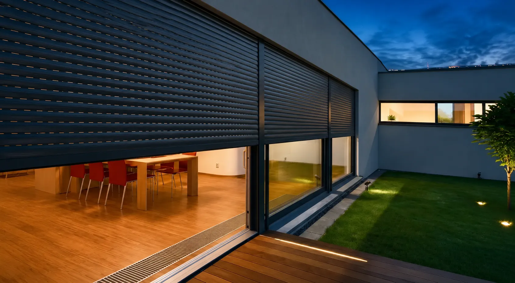 Persianas externas de alumínio instaladas em residência moderna, oferecendo conforto térmico, privacidade e controle da luminosidade.