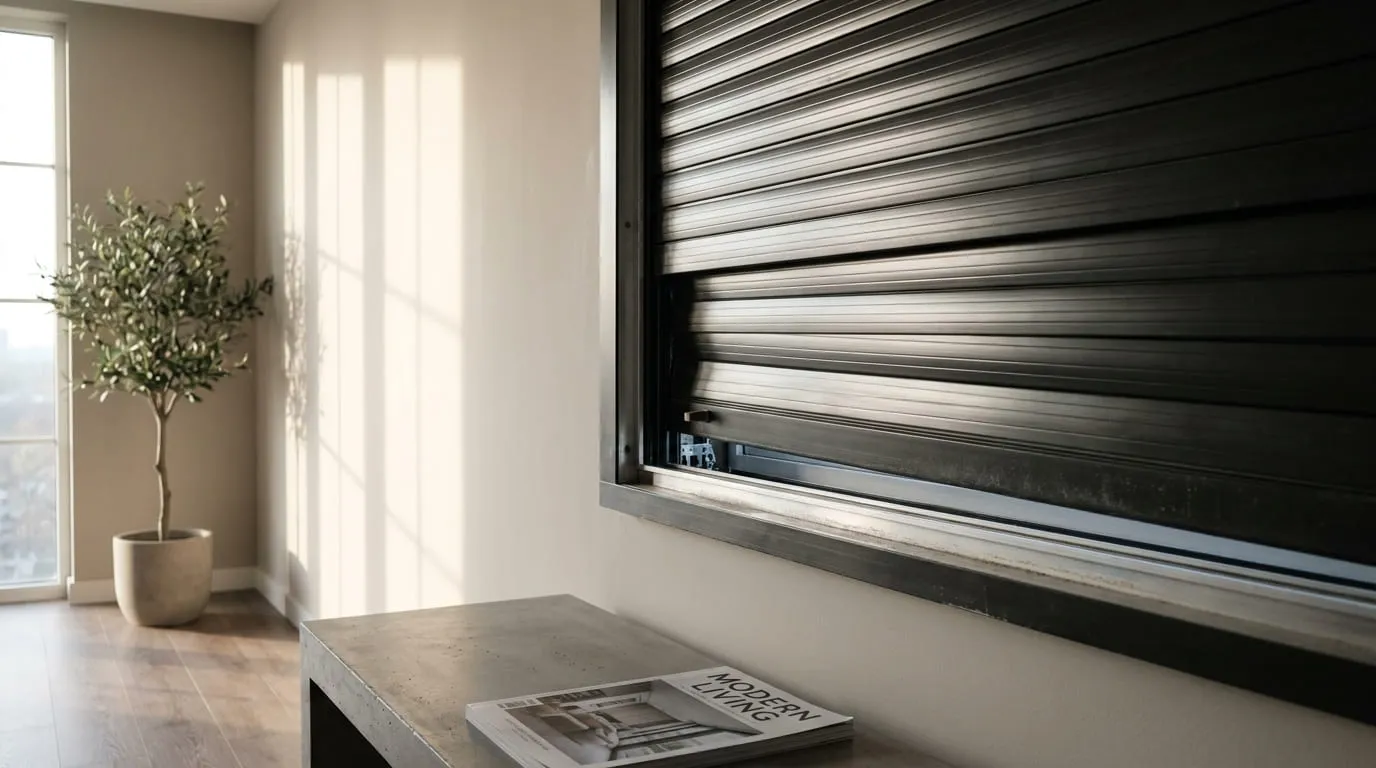 Persiana integrada de enrolar travada e inclinada no trilho da janela em apartamento